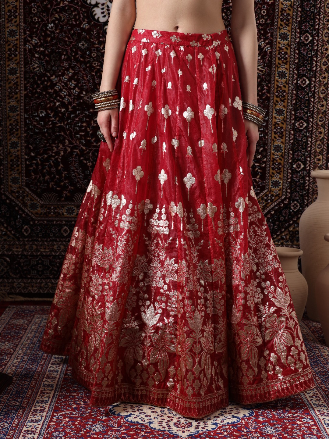 Royal Red Embroidered Banarasi Silk Lehenga - Image 7