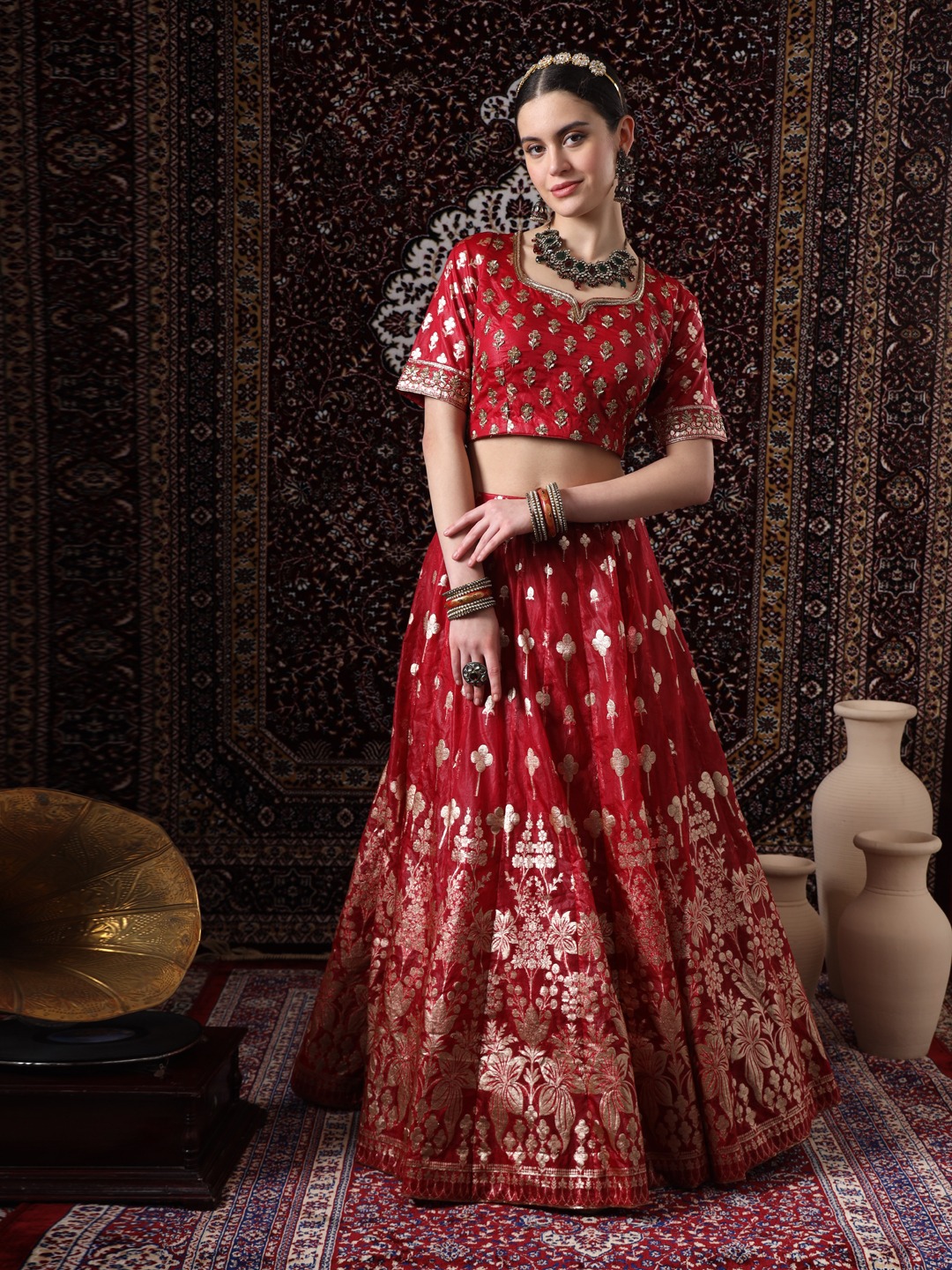 Royal Red Embroidered Banarasi Silk Lehenga - Image 3