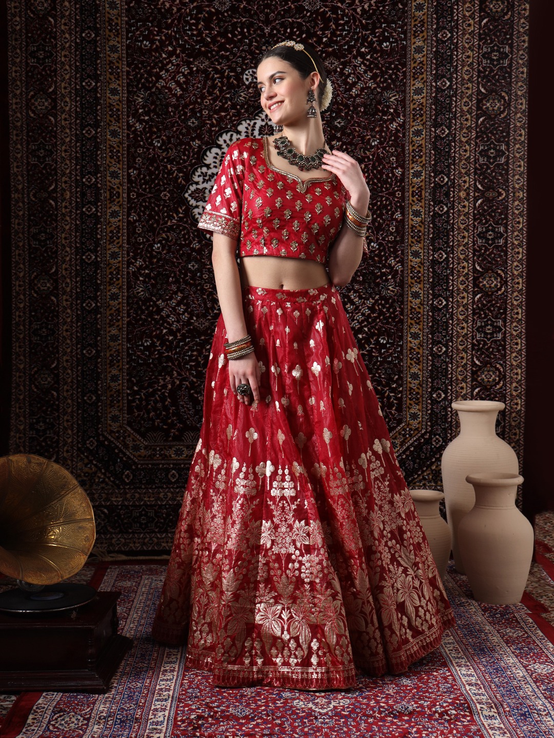 Royal Red Embroidered Banarasi Silk Lehenga - Image 4