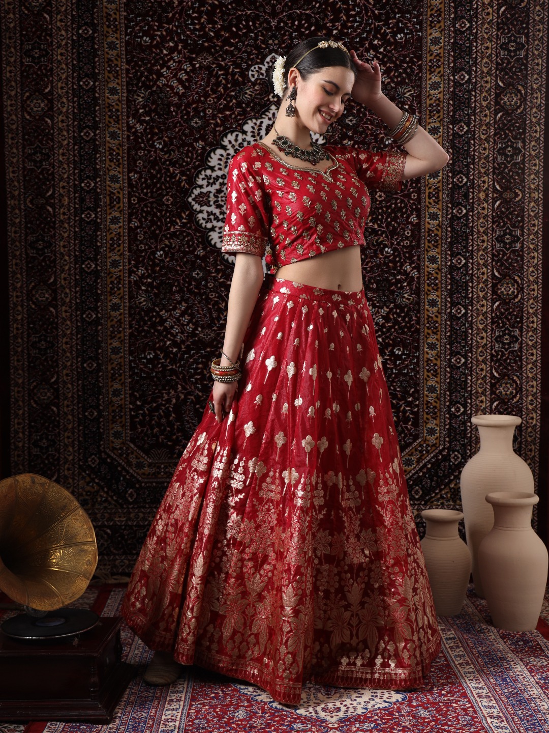 Royal Red Embroidered Banarasi Silk Lehenga - Image 5