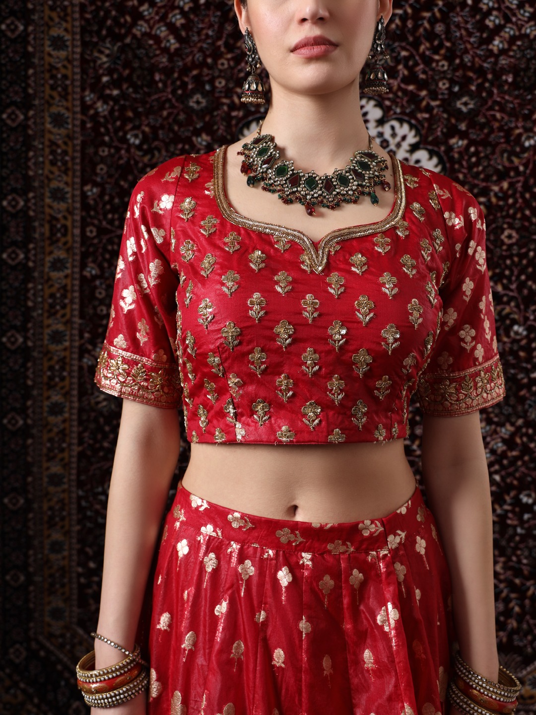Royal Red Embroidered Banarasi Silk Lehenga - Image 6