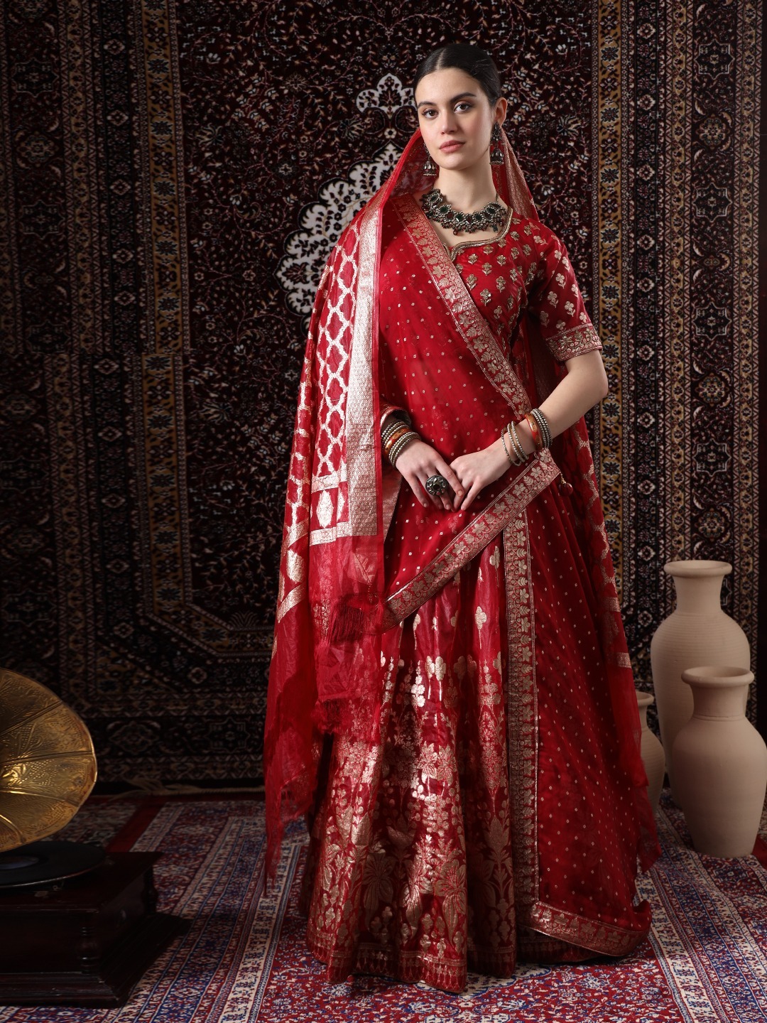 Royal Red Embroidered Banarasi Silk Lehenga - Image 2