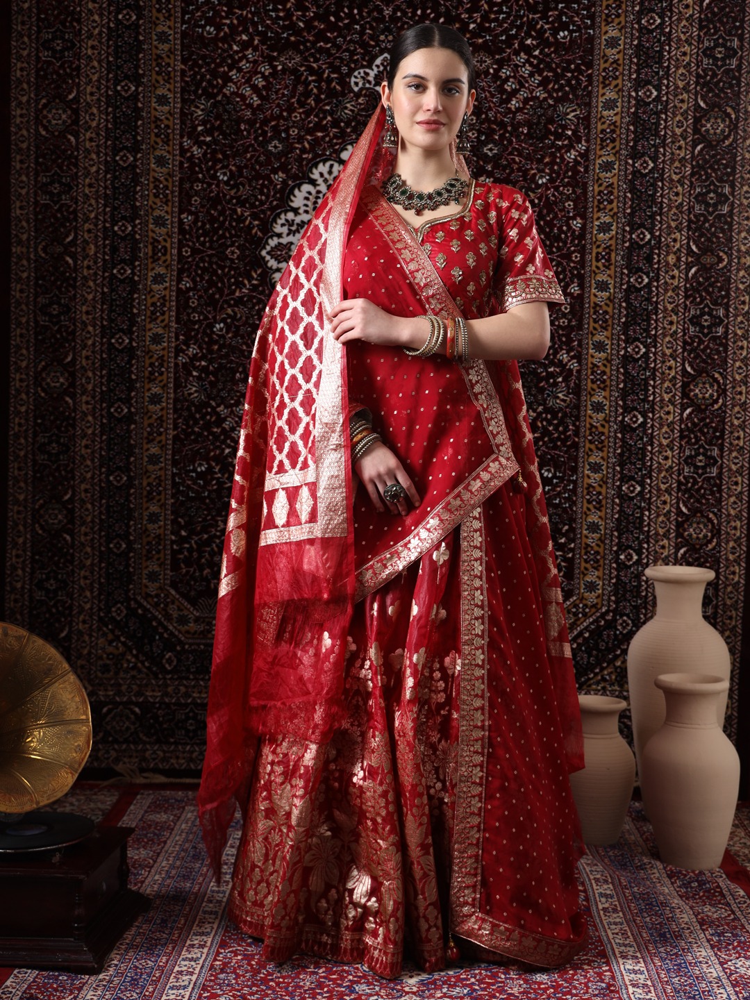 Royal Red Embroidered Banarasi Silk Lehenga